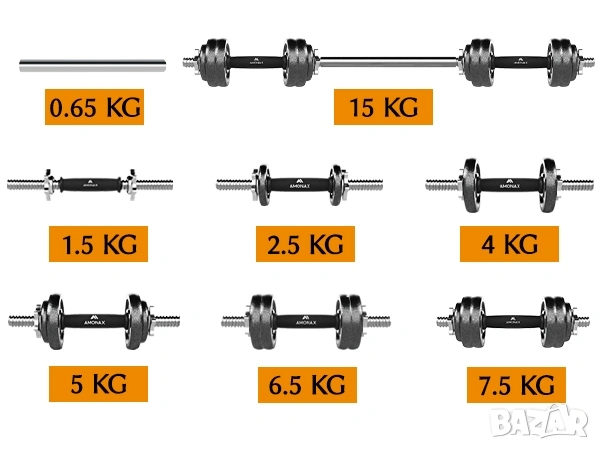 15кг/20кг Комплект 2бр Дъмбели + Щанга, чугун, стомана, Amonax, снимка 5 - Фитнес уреди - 53220015