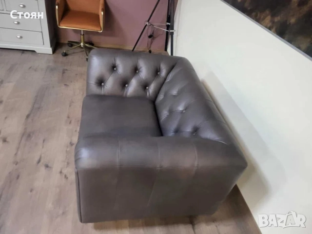 Кафяв кожен фотьойл тип Честърфийлд, снимка 5 - Дивани и мека мебел - 51955791