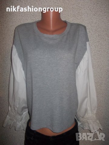 Сива блуза с бели ръкави, L размер, снимка 1 - Блузи с дълъг ръкав и пуловери - 26974968