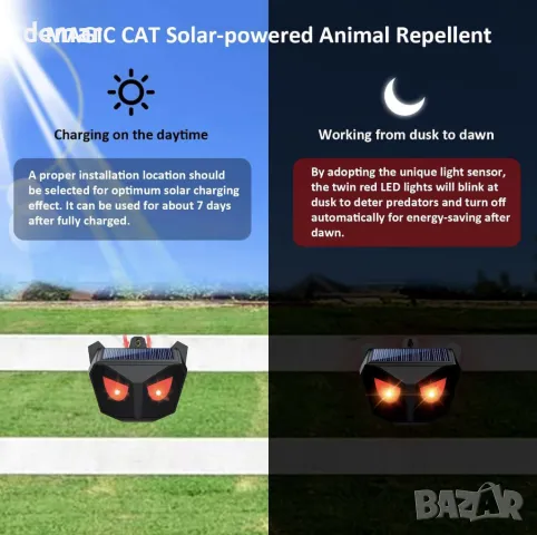 Соларен репелент за животни: детекция на движение, отблъсква животните, 2 броя, снимка 2 - Други стоки за дома - 49790825