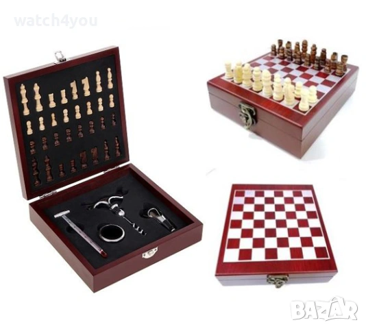 НОВ КОМПЛЕКТ ЗА ВИНО В ЛУКСОЗНА ДЪРВЕНА КУТИЯ С АКСЕСОАРИ. СЕТ ЗА ВИНО С ШАХ. ШАХМАТНА ДЪСКА 2V1., снимка 8 - Подаръци за мъже - 16134212
