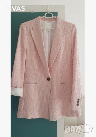 Ново дамско сако H&M Розово бяло райе удължено S 36 размер, снимка 2 - Сака - 43437010