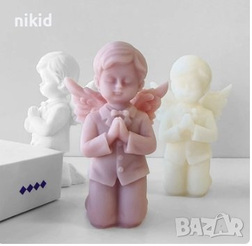 3D Голямо момче ангел на колене с венец силиконов молд форма гипс фондан смола шоколад декор свещ