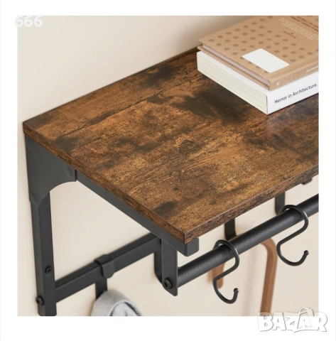 Стенна закачалка с рафт, Artool, 8 куки, стомана, бледо, черно и рустик кафяво, 40x24x24 см, снимка 3 - Други стоки за дома - 53526972