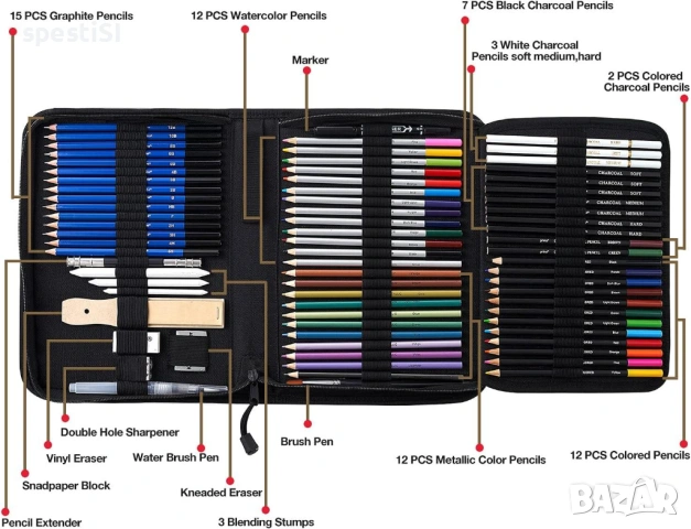 Комплект за рисуване и скициране със 60 молива, аксесоари и скицник - КОД 4816, снимка 6 - Ученически пособия, канцеларски материали - 53498828