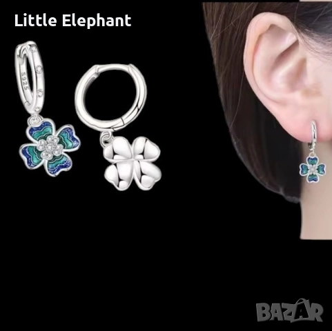 Сребърни висящи обеци холограма синьо-зелени, детелинки/нови