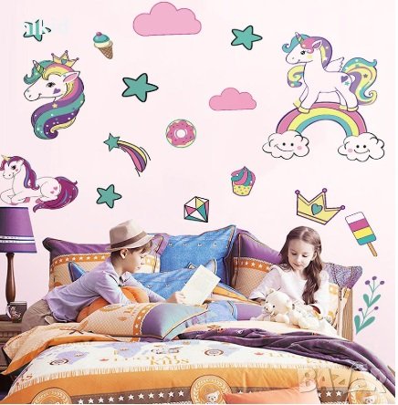 Анимирани Еднорог Unicorn с корони стикер постер лепенка за стена и мебел детска самозалепващ, снимка 2 - Други - 27276745