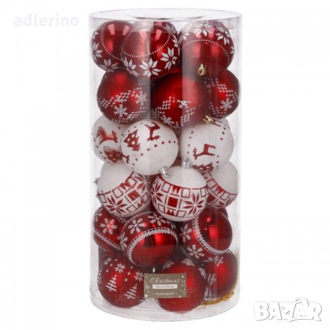 Топка за елха, Коледна декорация, пластмаса, 30 броя, 5 см, червено-бяло, зимни мотиви, снимка 9 - Декорация за дома - 34463692