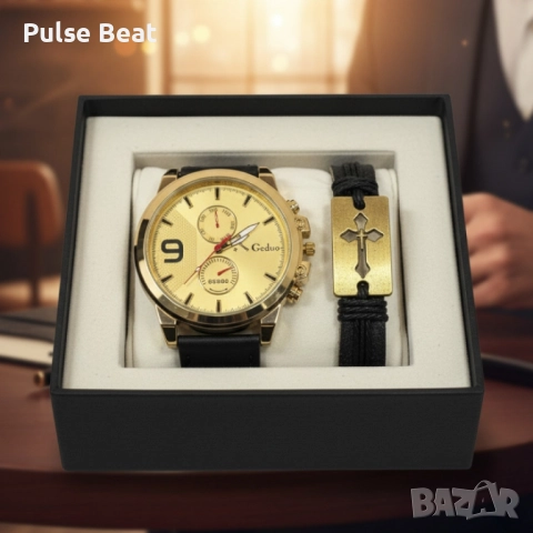 Мъжки комплект Geduo – елегантен часовник със златист циферблат и кожена гривна в подаръчна кутия, снимка 4 - Мъжки - 51933097
