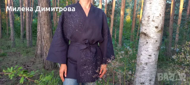 Ръчно рисувано ленено кимоно , снимка 5 - Сака - 48883086