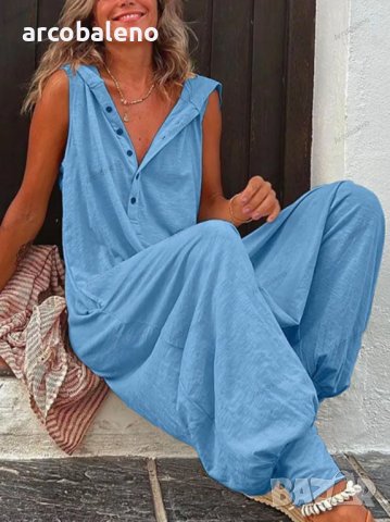 Едноцветен дамски гащеризон с качулка и копчета без ръкави, 6цвята , снимка 6 - Гащеризони - 40394395