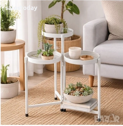 Метална поставка за цветя, бяла, 3 рафта за саксия