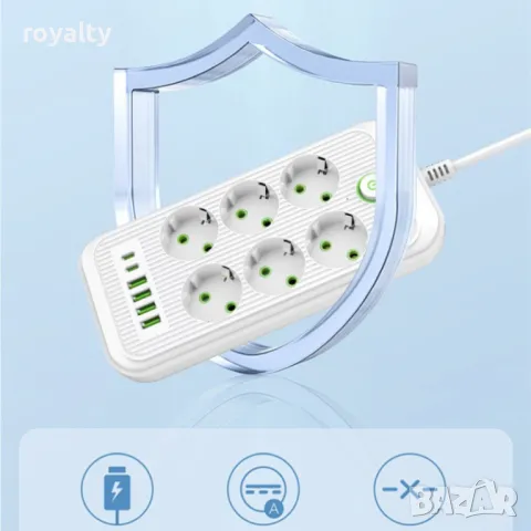 Разклонител 220V с 6 гнезда, 4 USB порта + 2xType C, Digital One SP00985, Бял, 1.5 м, 2500W, с ключ, снимка 4 - Друга електроника - 49173529