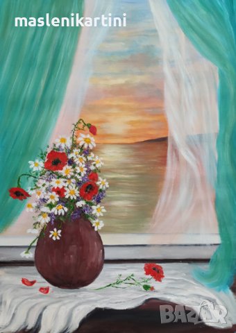Ваза с полски цветя на перваза на фона на морския залез маслена картина