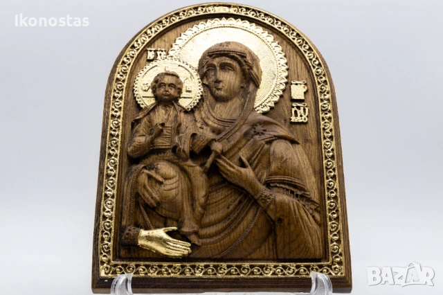 Позлатена релефна икона на Дева Мария Троеручица с варак