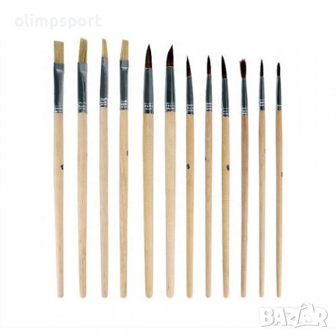 Комплект дървена палитра с 12 четки за рисуване (150817) Комплектът включва 4 броя плоски и 8 броя , снимка 2 - Ученически пособия, канцеларски материали - 38117819