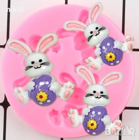 3 Великденски зайчета с яйца заек с яйце силиконов молд форма декорация торта фондан сладки, снимка 1 - Форми - 32481015