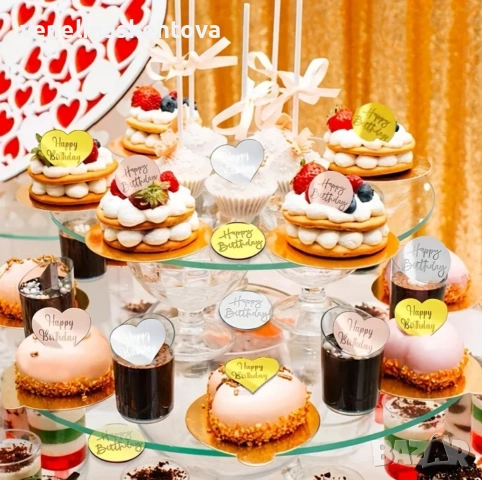 Акрилни огледални топери "Happy birthday" сърце шестоъгълници кръг декорация на торта мъфини , снимка 3 - Други - 53168773