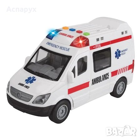 Детска Линейка със светлини, звук и подвижни врати, 25х12 см, бяла