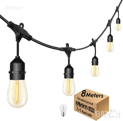 Skeerei 8 M Градински фестонни светлини Е27 със 7+1 S14 нечупливи крушки, топло бяло