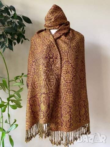 Кашмирен, италиански шал в кафяво и оранжево, снимка 2 - Шалове - 43037801
