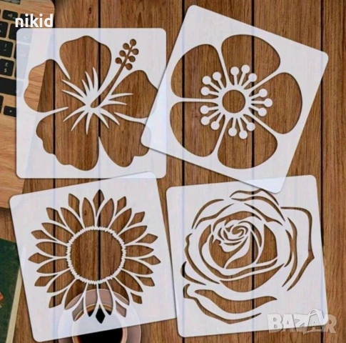 4 вида цвете цветя роза слънчоглед каркаде хибискус стенсил шаблон спрей торта украса сладки Scrapbo