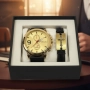 Мъжки комплект Geduo – елегантен часовник със златист циферблат и кожена гривна в подаръчна кутия, снимка 4