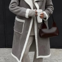 Дамско палто с джоб в сиво и бяло, едно цяло кожено палто с ревер - 024, снимка 2 - Палта, манта - 43528195