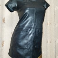 XS ,Черна кожена къса рокля с къс ръкав , снимка 3 - Рокли - 43014356