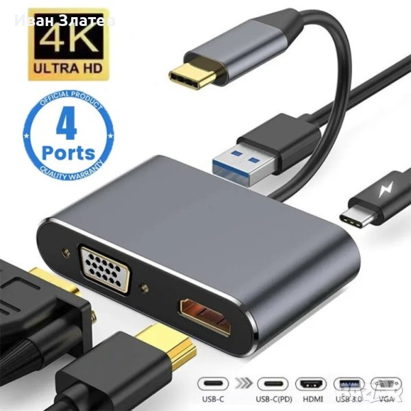 USB-C hub към VGA, HDMI 4K, PD, USB 3.0 за лаптоп, смартфон и таблет, снимка 1