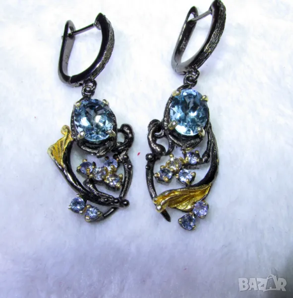 925 сребърни обеци с натурален син топаз, подходящи за подарък, снимка 1