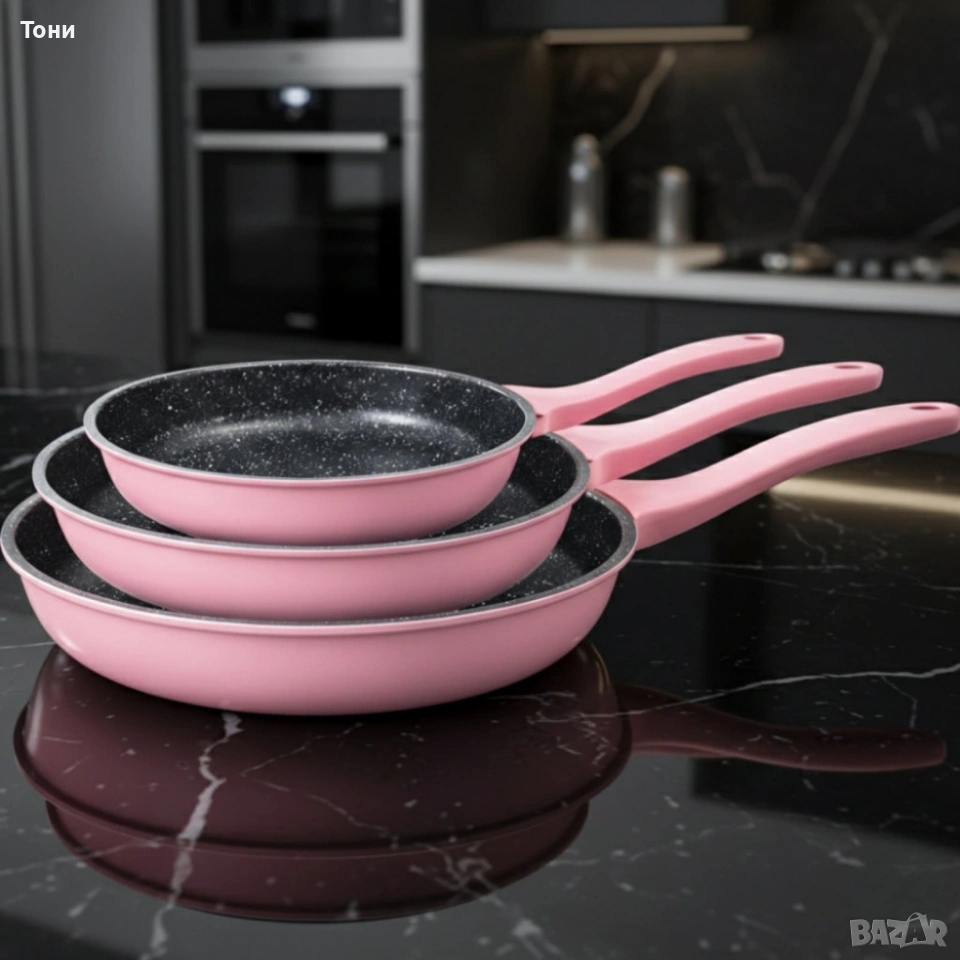 Комплект тигани Cheffinger розово с мраморно покритие – 3 части за всяка кухня - розов цвят, снимка 1