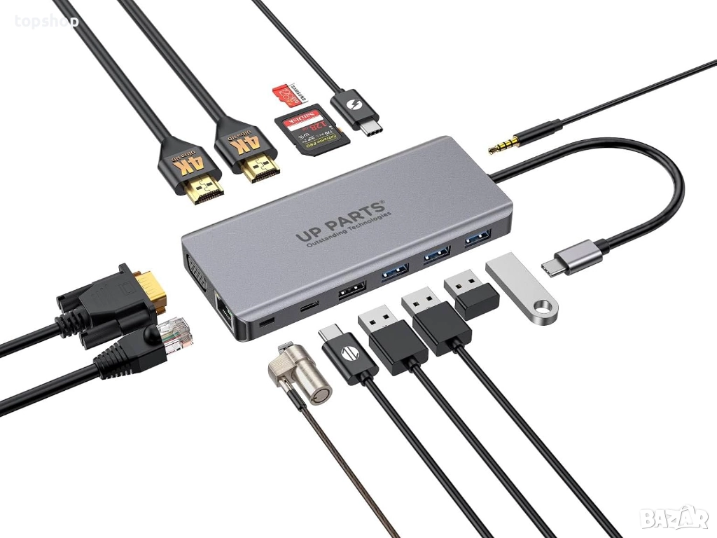 Нова проверена докинг станция UP PARTS usb-C хъб, UP-DS-9830K, 14 в 1 с Kensington Lock, 2 HDMI 4K.., снимка 1