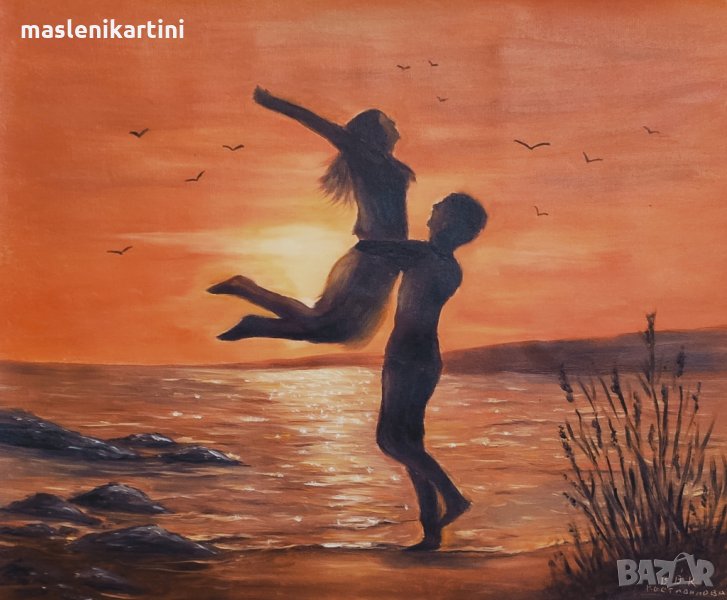 Морски залез и влюбени маслена картина, снимка 1
