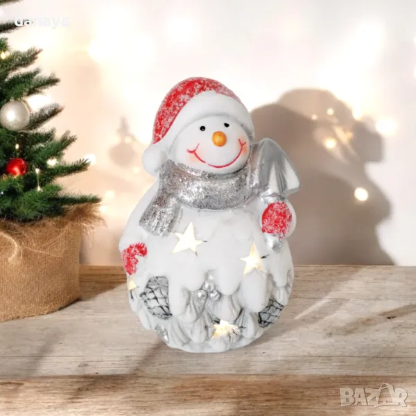 5331 Светеща керамична фигура Снежко с лопатка, 13 см, снимка 1