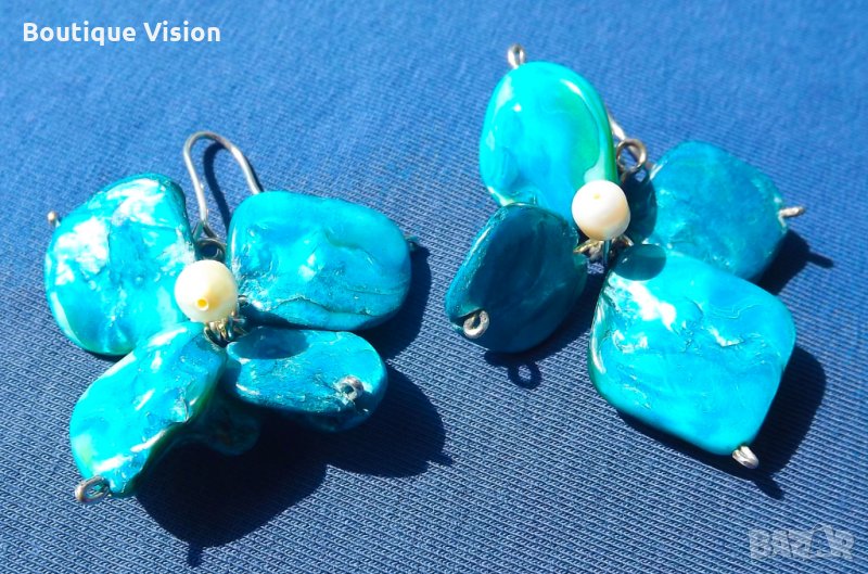 Ново! Сребърни обеци проба 950 с естествени камъни - Седеф и Перли, снимка 1