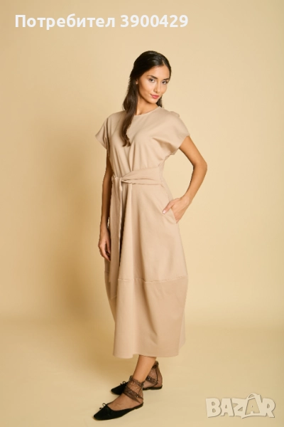 Скулптурна Памучна Миди Рокля - Sammy - Бежова, снимка 1