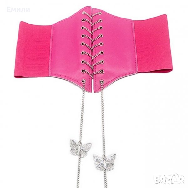 Розов корсет от еко кожа с метална верижка и висулки пеперуди в сребрист цвят, снимка 1