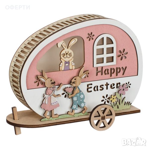 Великденска рамка дървено яйце превозно средство зайчета 5 LED 21x7x15см, снимка 1