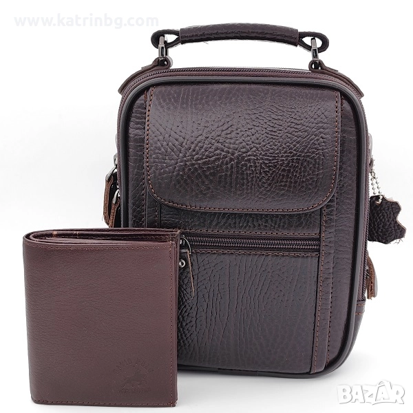 Подарък за мъж – комплект чанта и портфейл от естествена кожа в кафяво, снимка 1