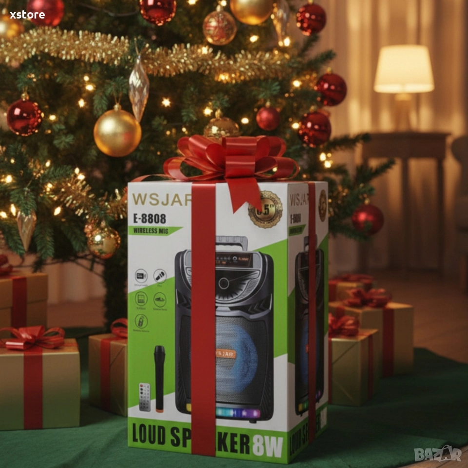 Bluetooth караоке колона с безжичен микрофон – 8,5″ говорител, LED светлини, TWS и FM радио, снимка 1