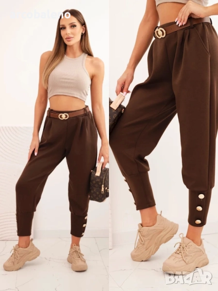 Дамски панталон butter с декоративни копчета и кафяв колан, снимка 1