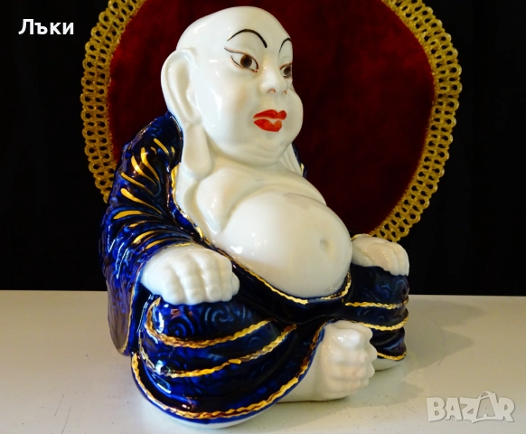 Буда китайски порцелан,кобалт,24 карата злато,печат. , снимка 2 - Статуетки - 51695391