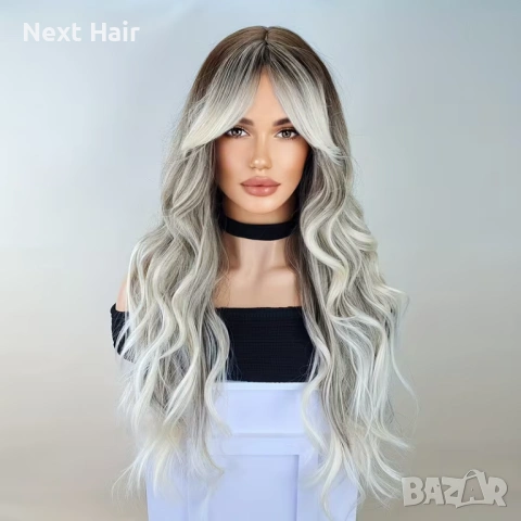 Чуплива сребристо-сива омбре перука с тъмни корени и дълъг бретон 65 см, снимка 5 - Аксесоари за коса - 53522743