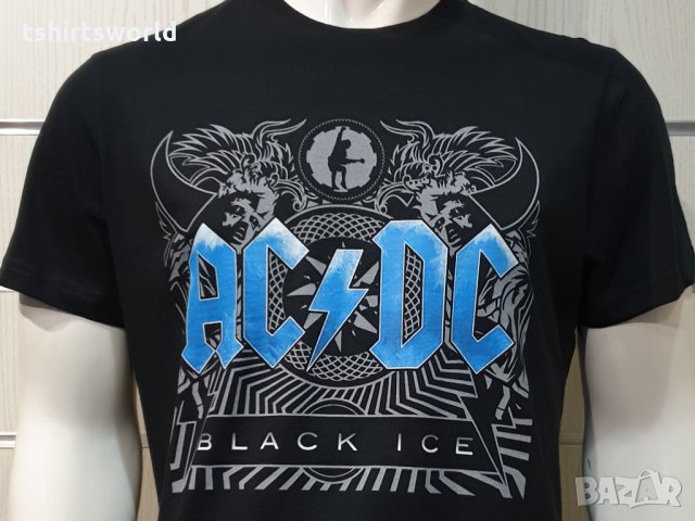 Нова мъжка тениска с дигитален печат на музикалната група AC/DC - Black Ice със син надпис , снимка 3 - Тениски - 34833977