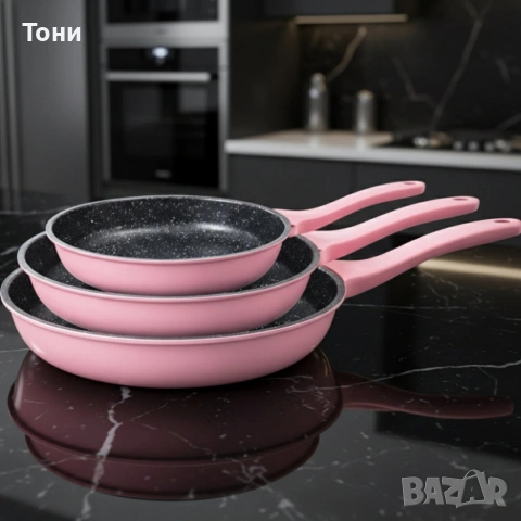Комплект тигани Cheffinger розово с мраморно покритие – 3 части за всяка кухня - розов цвят