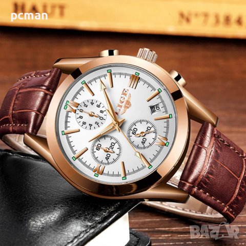 LIGE White Gold 9839 Луксозен мъжки кварцов часовник с кожена каишка, снимка 2 - Мъжки - 40445330