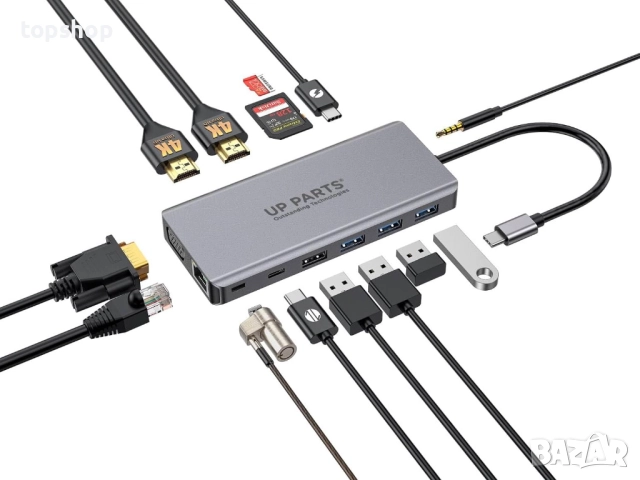 Нова проверена докинг станция UP PARTS usb-C хъб, UP-DS-9830K, 14 в 1 с Kensington Lock, 2 HDMI 4K..