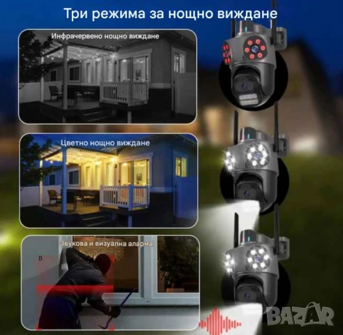 Тройна външна въртяща се WiFi AI камера 9MP с три обектива, ICSee, Черна + 64GB карта, снимка 6 - Комплекти за видеонаблюдение - 51029792