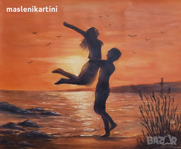 Морски залез и влюбени маслена картина